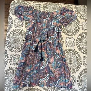 Blue and Pink Off-Shoulder Flutter Sleeve Casual Sundress